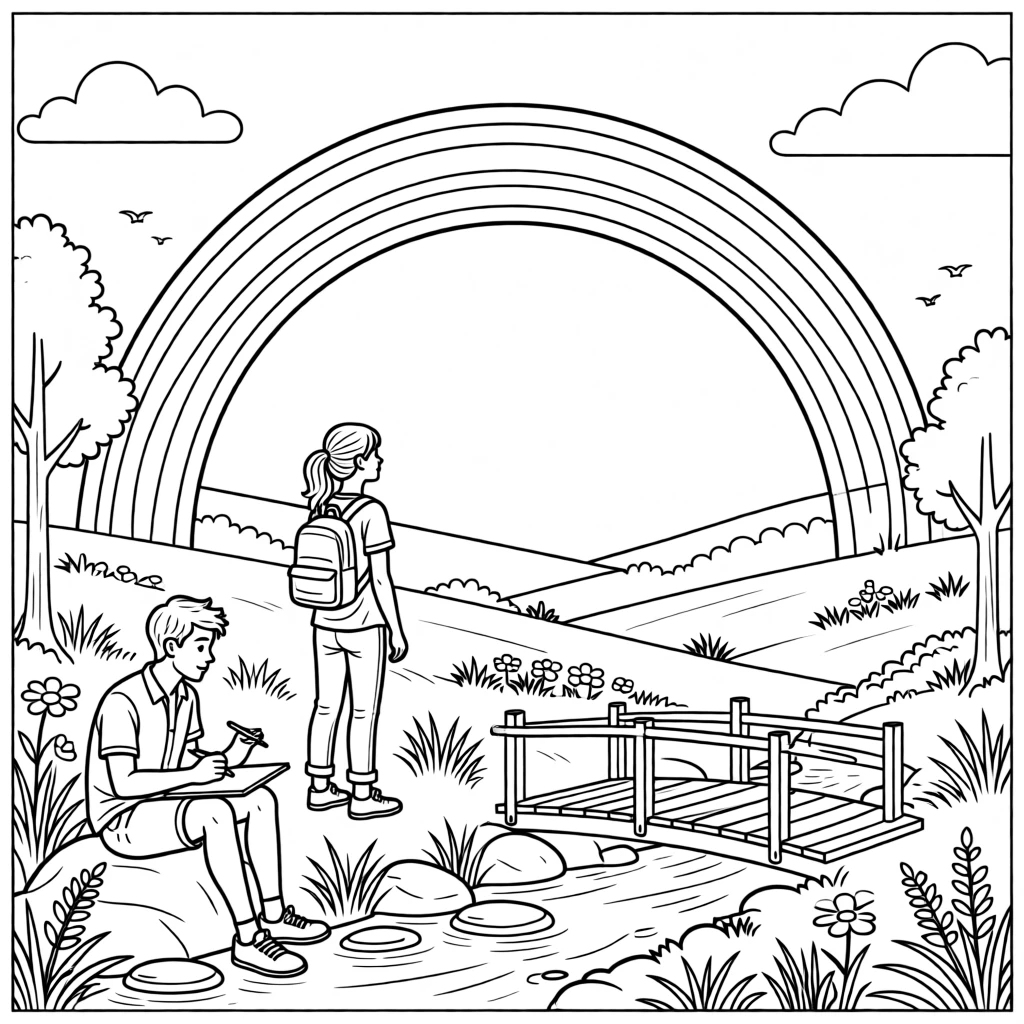 A rainbow arching over a valley after a summer storm, with a small wooden bridge crossing a stream nearby.