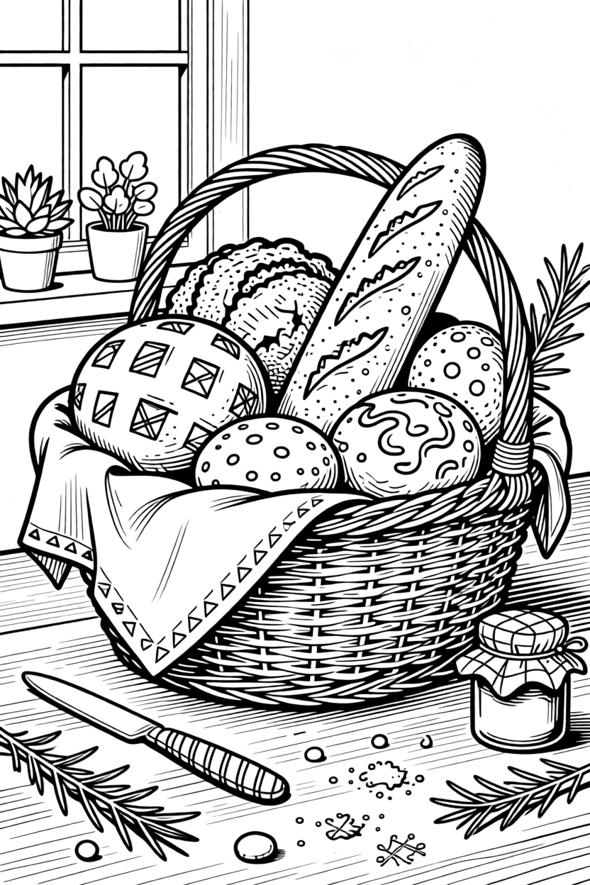 A cozy bakery bread basket scene wrapped in a linen cloth.