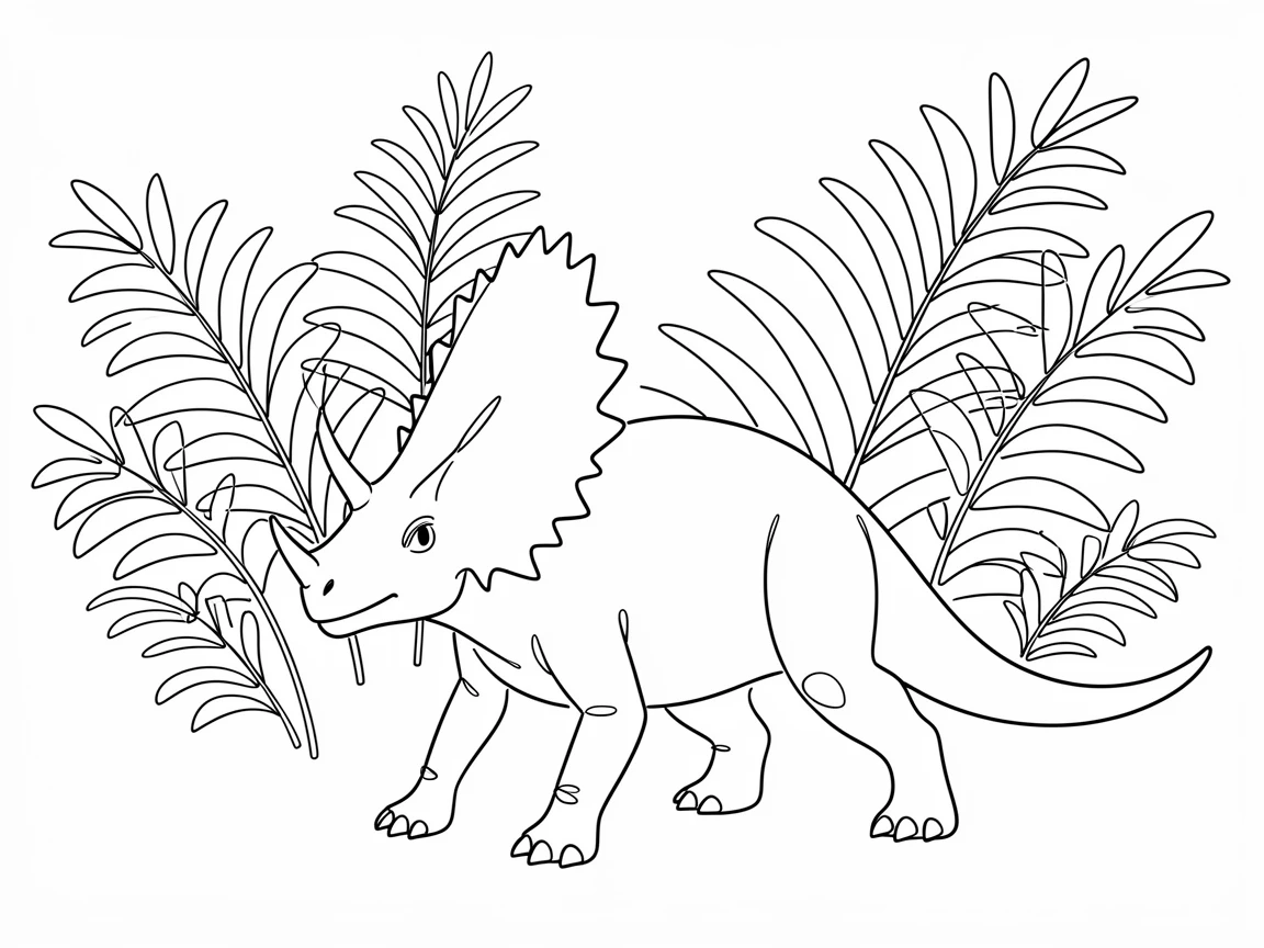 A Styracosaurus standing defensively before a dense fern thicket