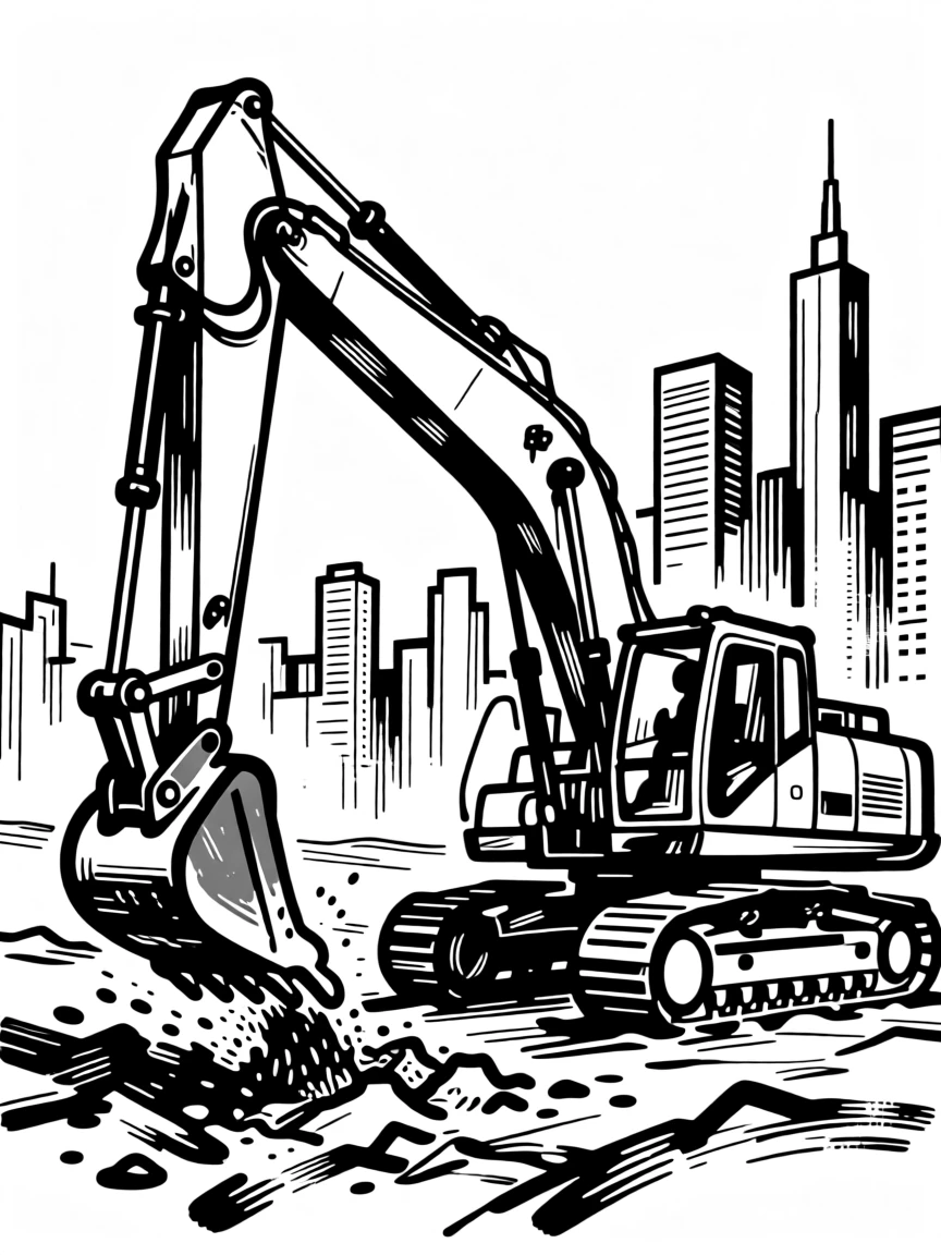 A rugged excavator digging at a construction site against a city skyline.