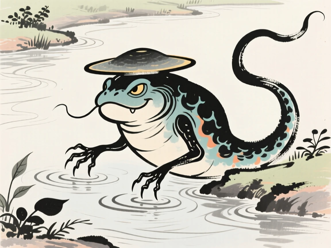 A kappa creature lurking beside a quiet Japanese river.