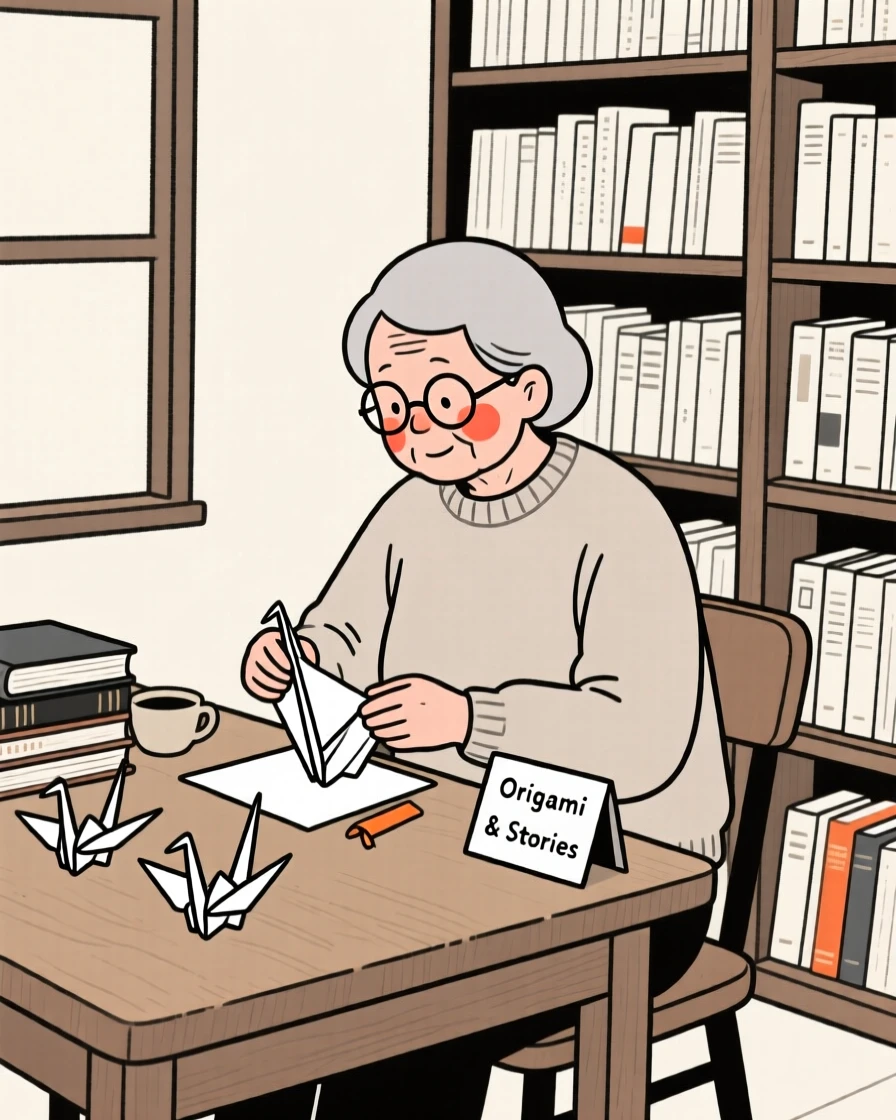 An elderly woman folding paper cranes at a desk, inside a vintage bookstore.