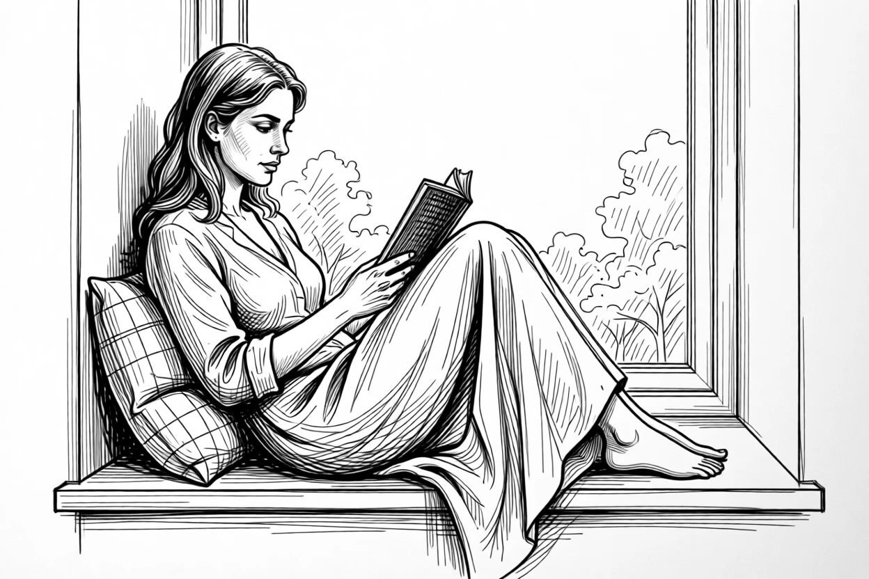 A woman quietly reading a novel curled up in a window seat.