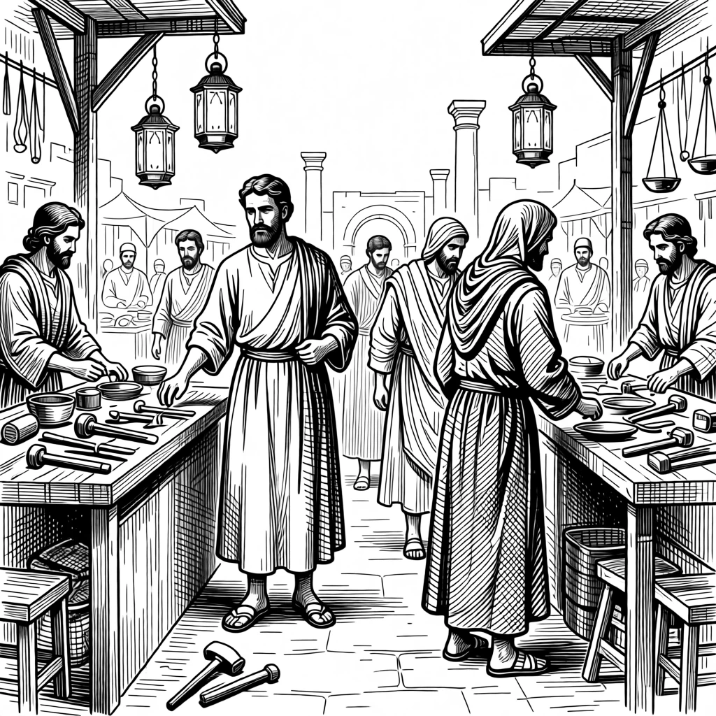 An ancient roman marketplace bustling with traders as lanterns begin to glow in the evening light, with traditional tools laid out with care, portrayed in a solemn and dignified historical scene.