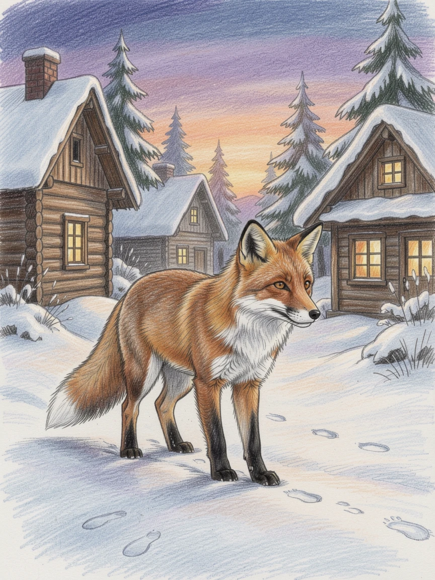 A fox trotting through a snow-dusted village at twilight, framed thoughtfully to draw the eye toward the central subject, celebrating a moment people would love to revisit.