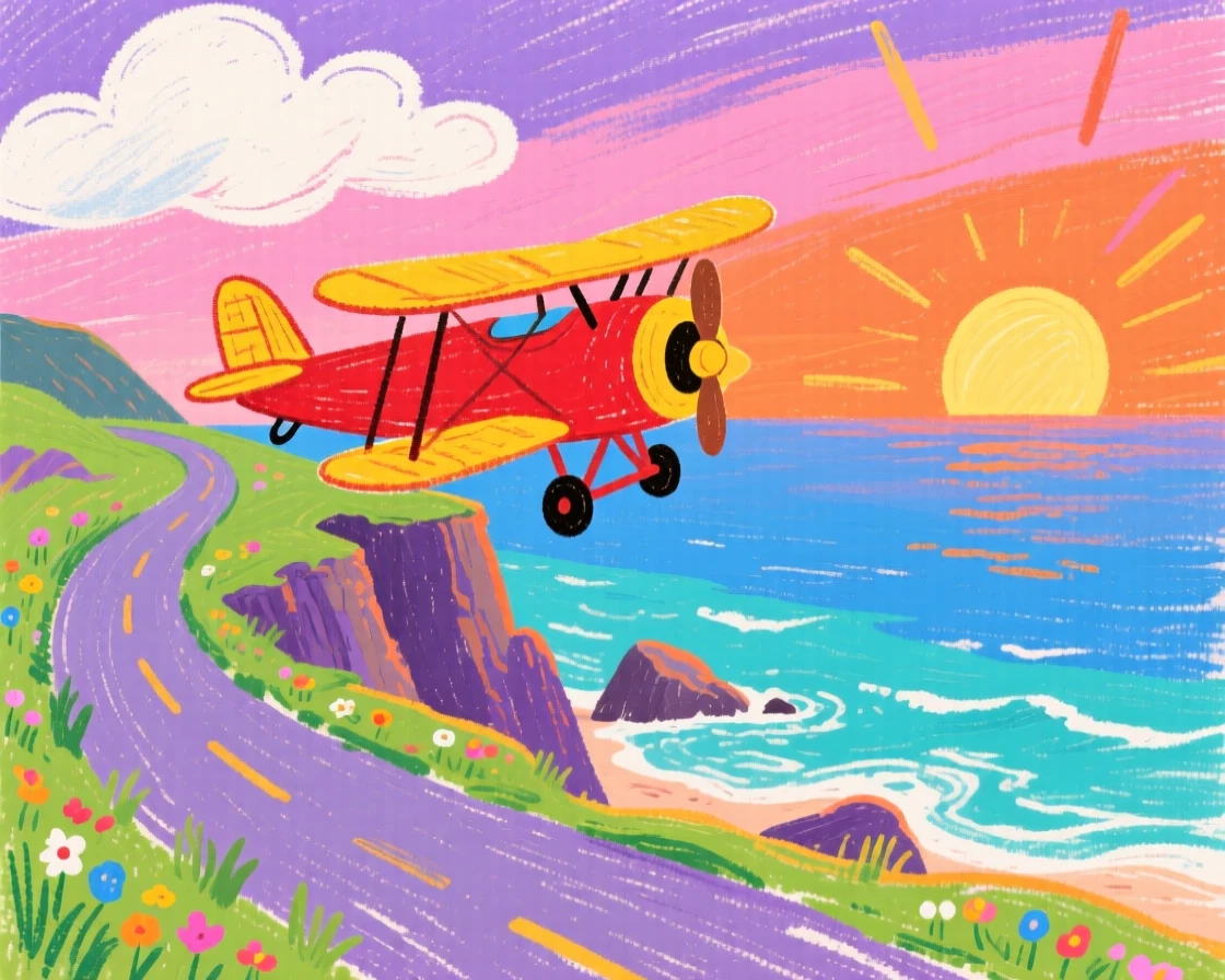 A biplane traveling along a coastal road at sunset.