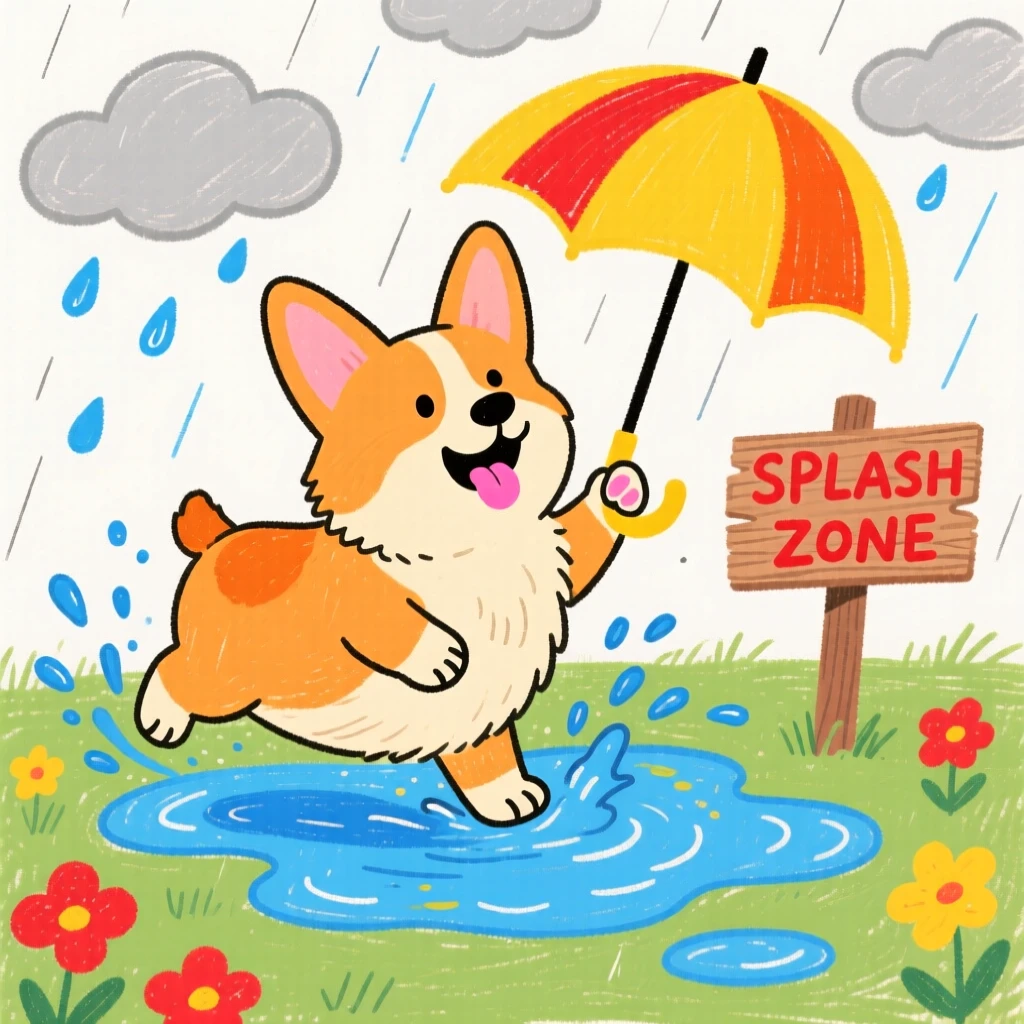 A friendly corgi splashing through puddles on a rainy walk.