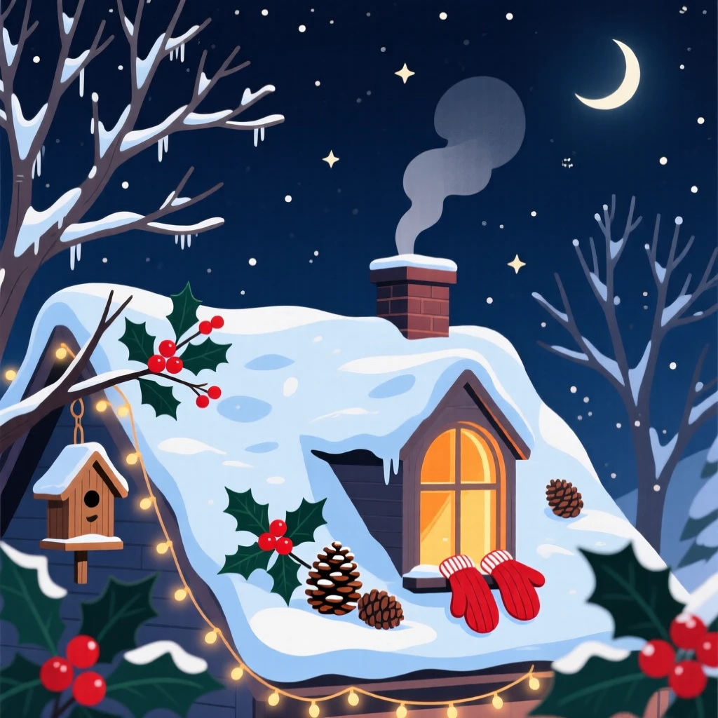 A snow-covered rooftop glowing warmly against a winter night sky, surrounded by the colors typical of the season, arranged with seasonal colors creating a cohesive mood, with charming small details that evoke the season perfectly.