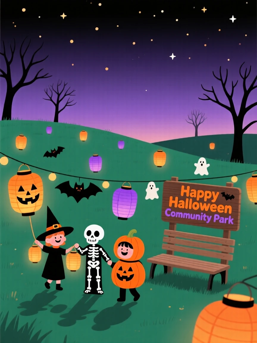 A Halloween celebration with paper lanterns filling a community park.