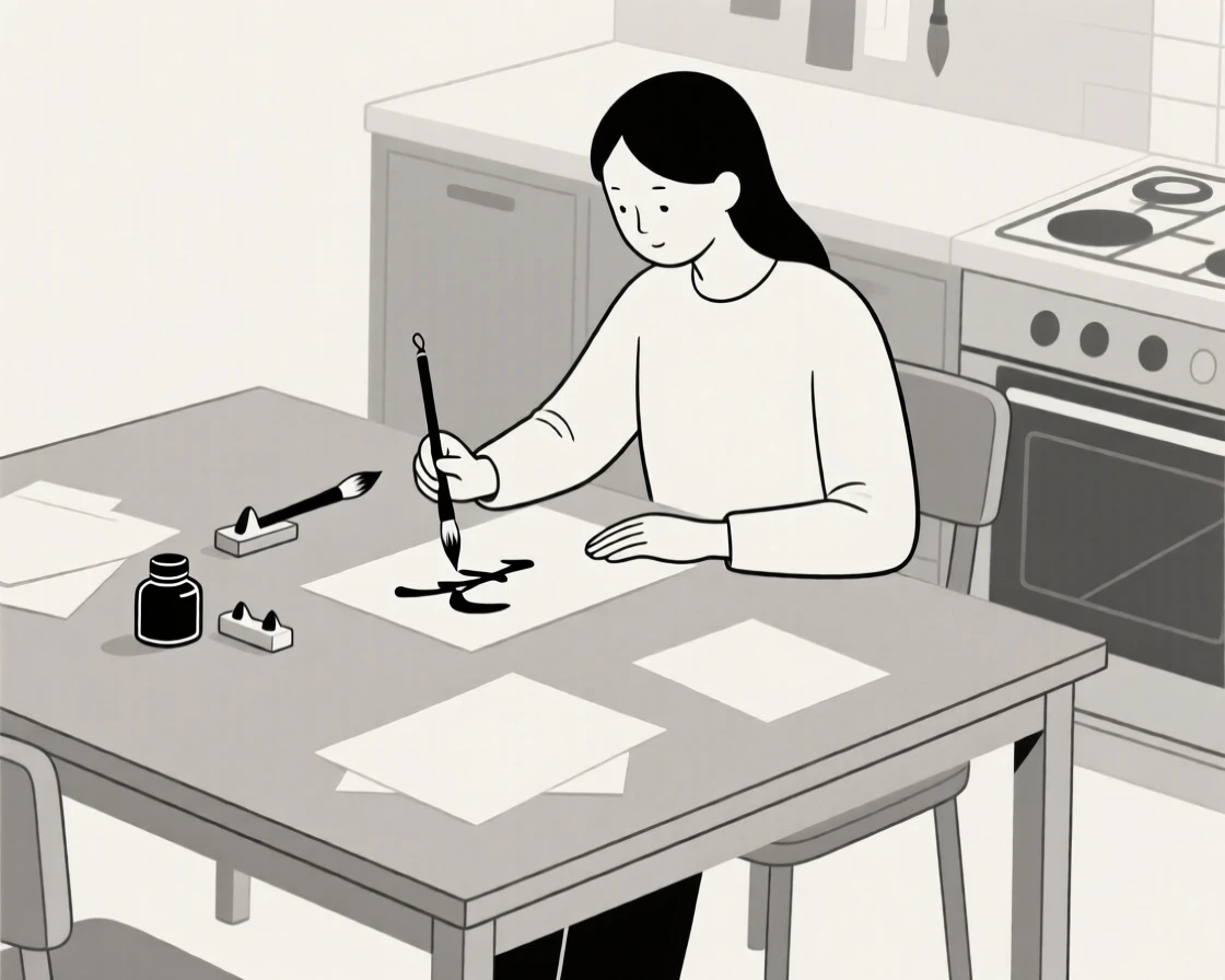 A person practicing calligraphy in a kitchen table, surrounded by scattered art supplies, showing mindful patience.
