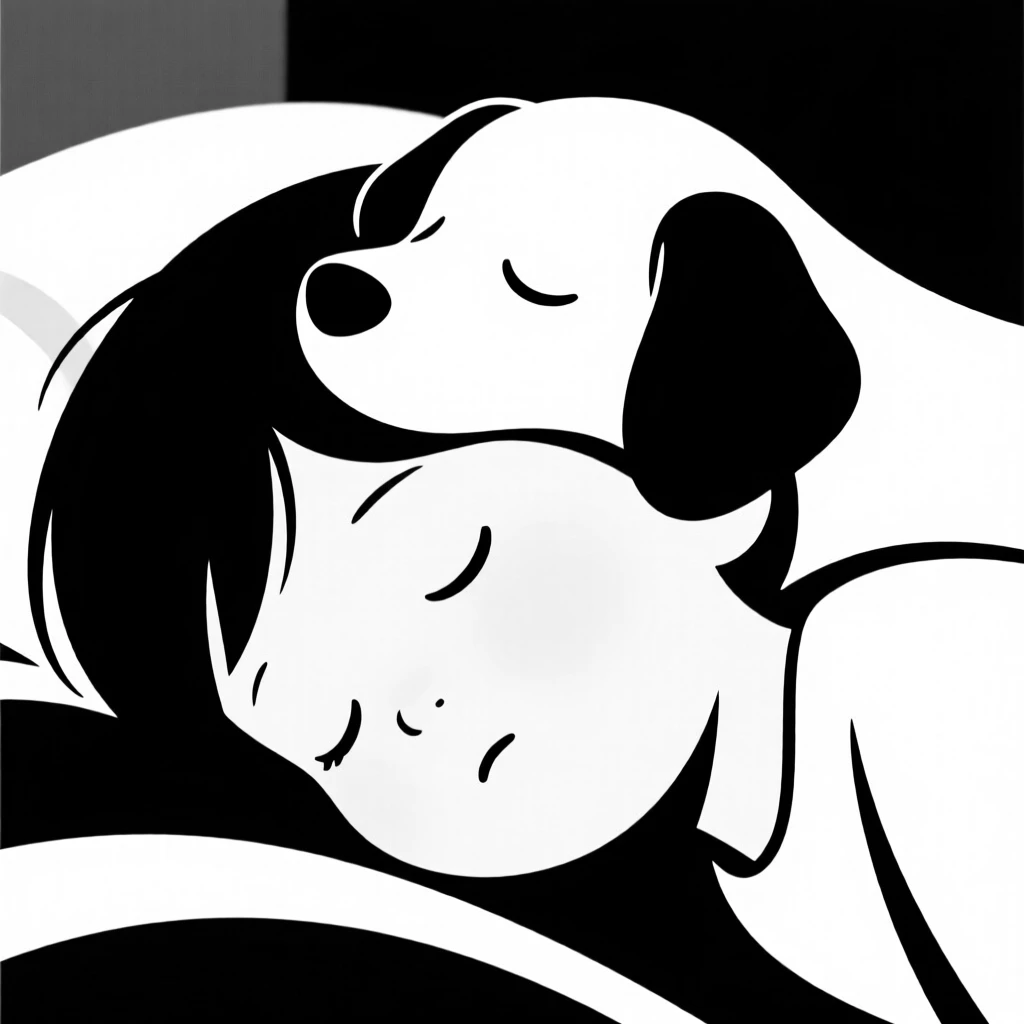 A puppy resting its head on a sleeping child.