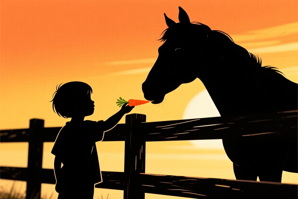 A child feeding a carrot to a curious pony over a wooden fence.