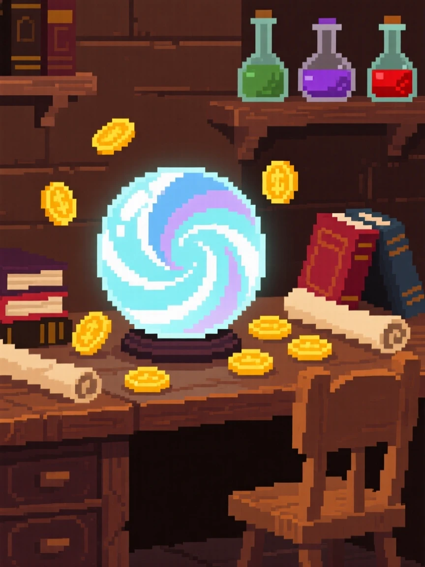 A crystal orb swirling with light surrounded by scattered gold coins, inside a wizard's cluttered study.