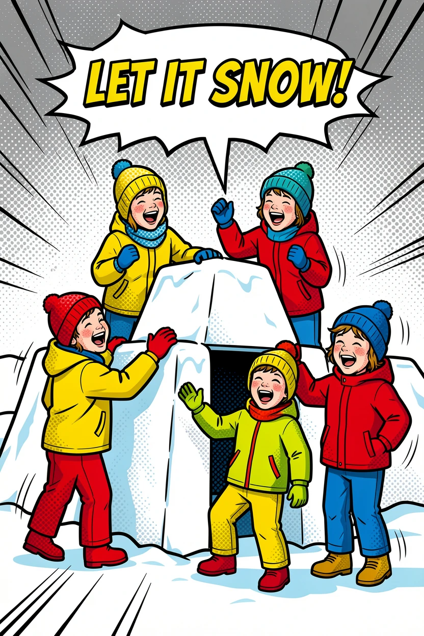 A snow fort built by laughing children
