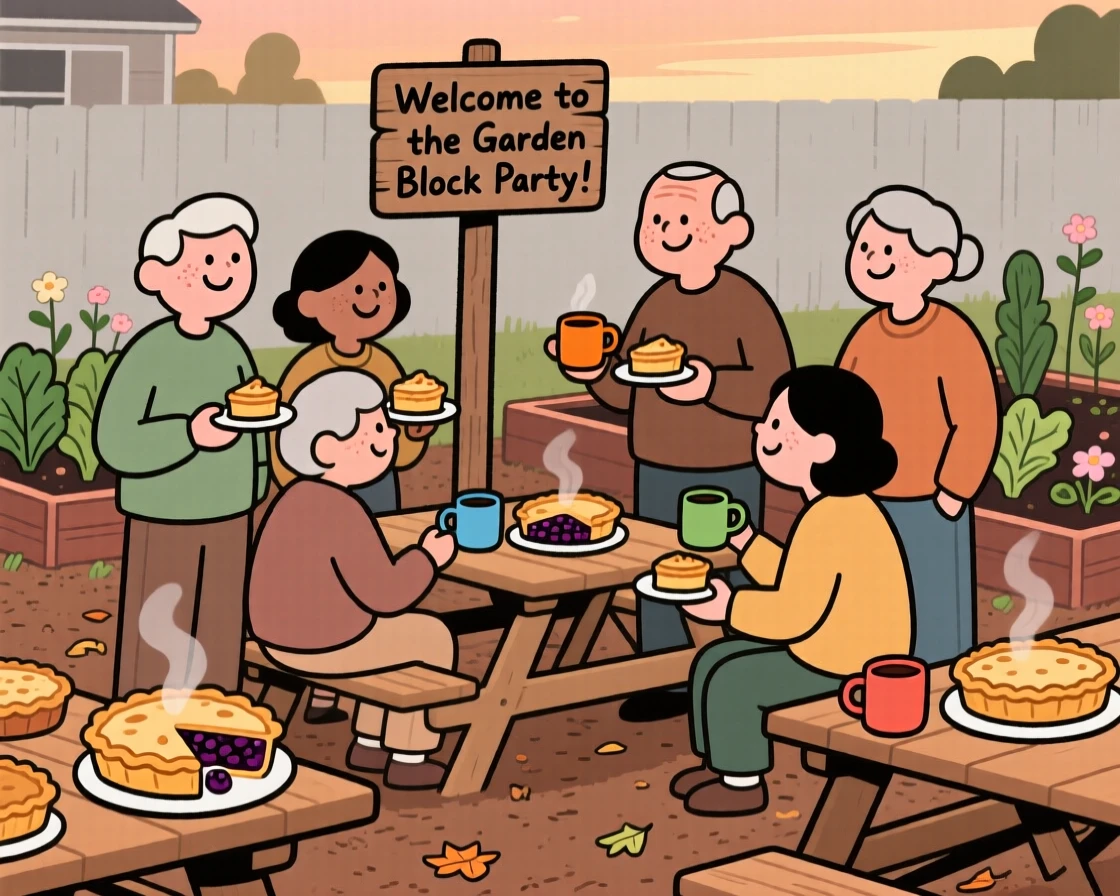 Neighbors gather for a block party in the community garden, sharing fresh pies and conversation as laughter fills the warm evening air.