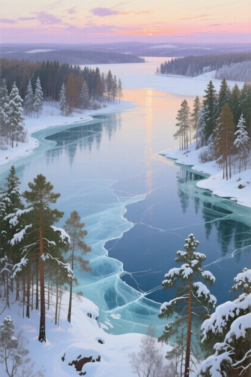 An aerial view of a frozen lake surrounded by snow-laden pines, in the early 1900s, at twilight.