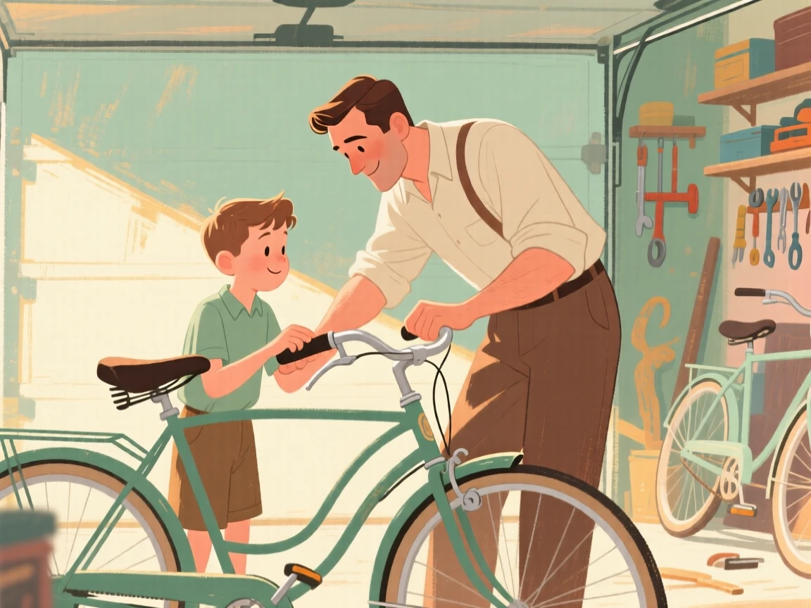 A father and son fixing a bicycle together in a sunny garage