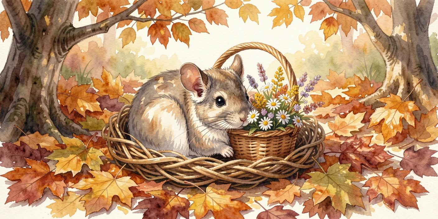 A chinchilla in a cozy nest in an autumn garden full of fallen leaves carrying a tiny basket of flowers.