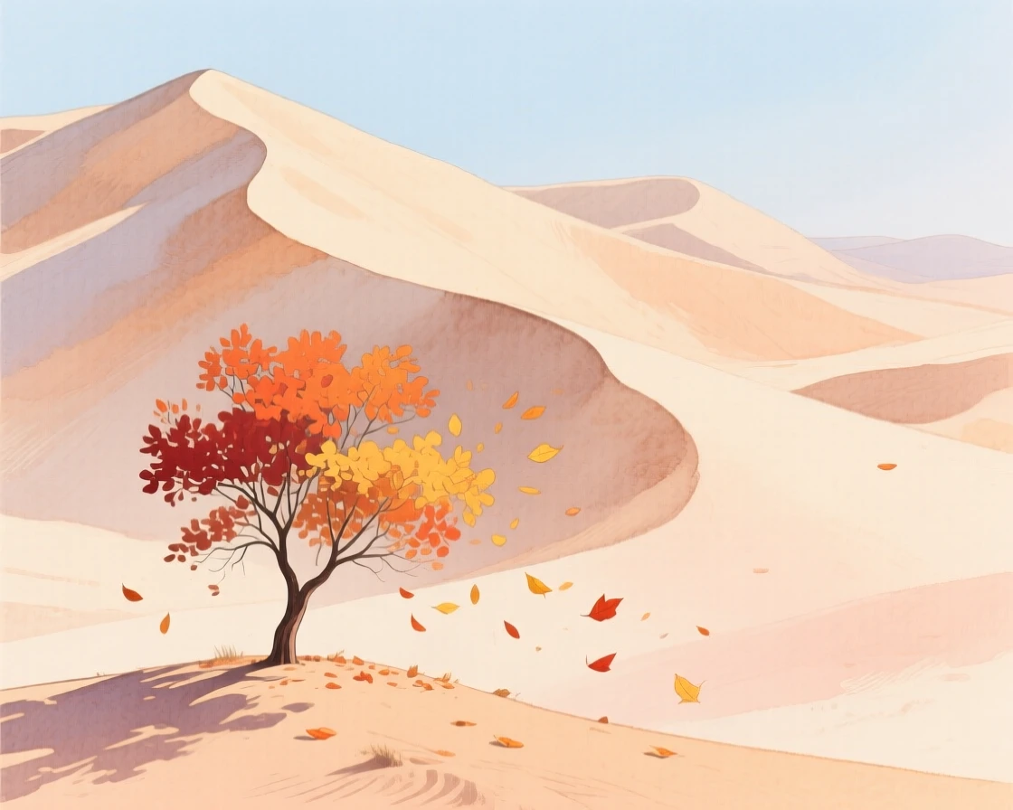 A breathtaking view of a desert of towering dunes as autumn leaves fall, where a lone tree stands on a ridge