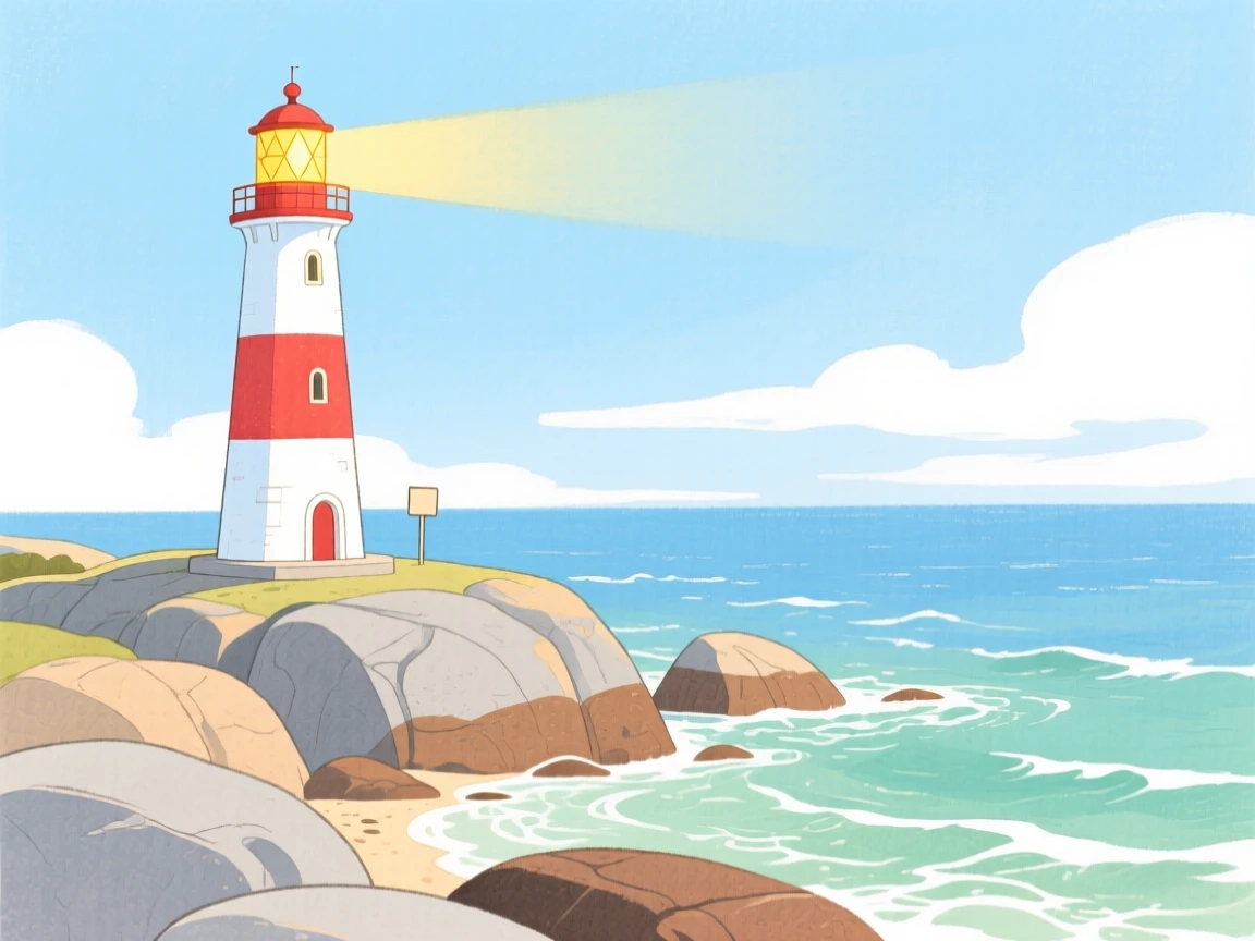 A lighthouse standing watch over a rocky coastline, peaceful and full of gentle motion.