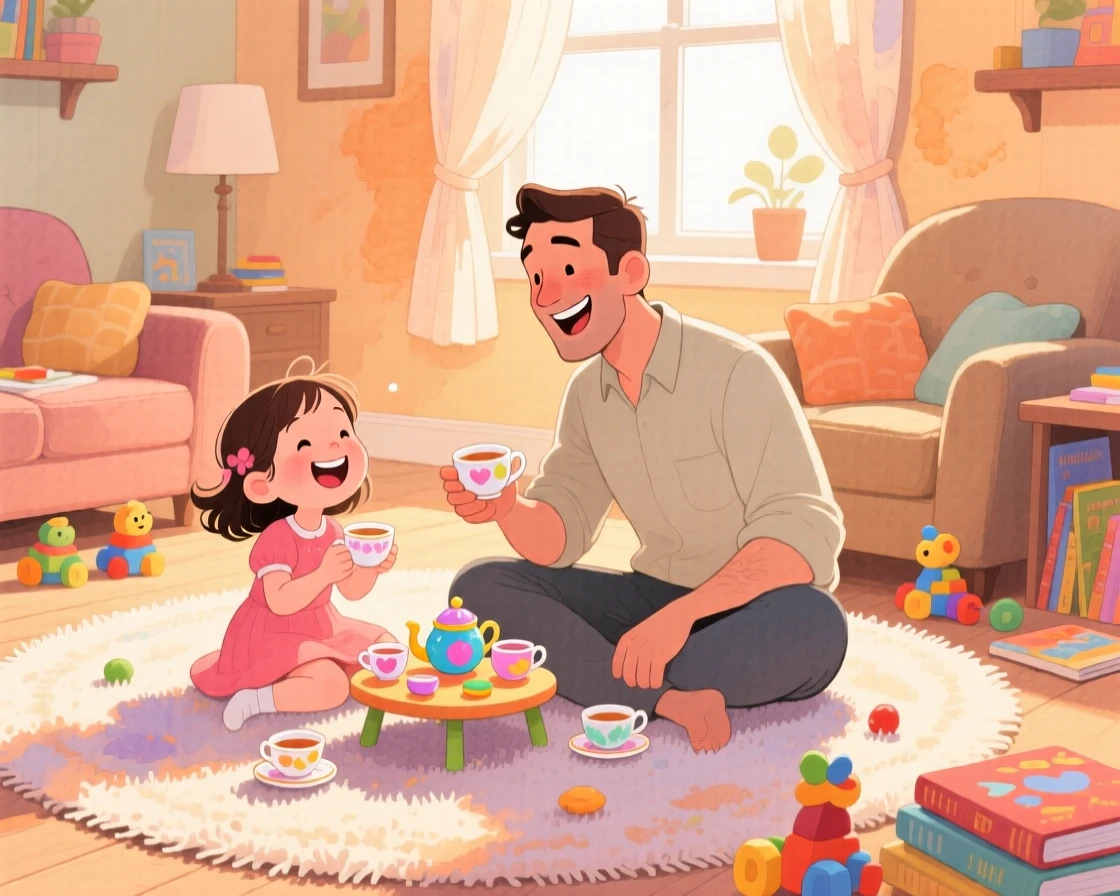 A father and daughter having a tea party with tiny cups on the living room floor, in a cozy carpeted living room, with laughter caught mid-motion, playful bonding and imagination.
