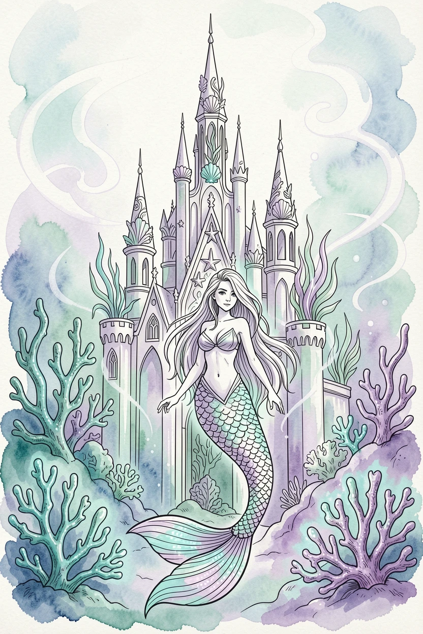 A mermaid's underwater palace glowing with bioluminescent coral, swirling light and mist adding a dreamlike quality.