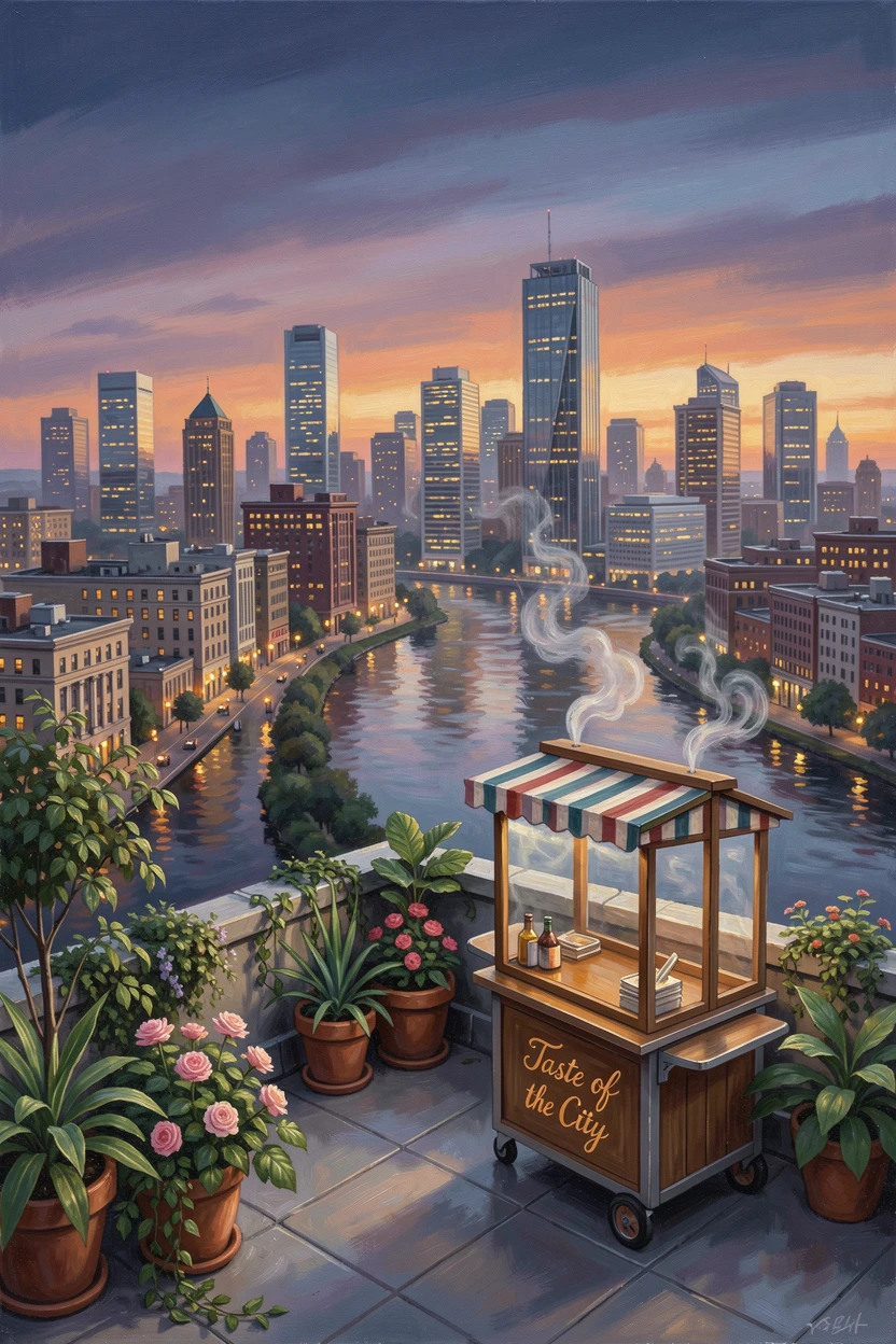A rooftop garden overlooking a sprawling metropolis, beside a wide river reflecting the city lights, steam rising gently from a street food cart, at dusk, windows lighting up one by one across the skyline.