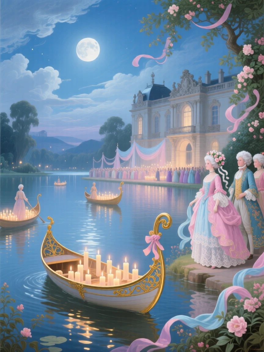 A moonlit festival of boats carrying candles across a palace lake  
