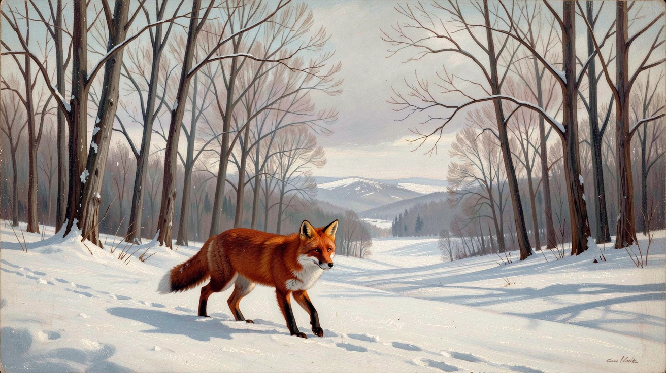 A fox trots through freshly fallen snow beneath bare winter trees.