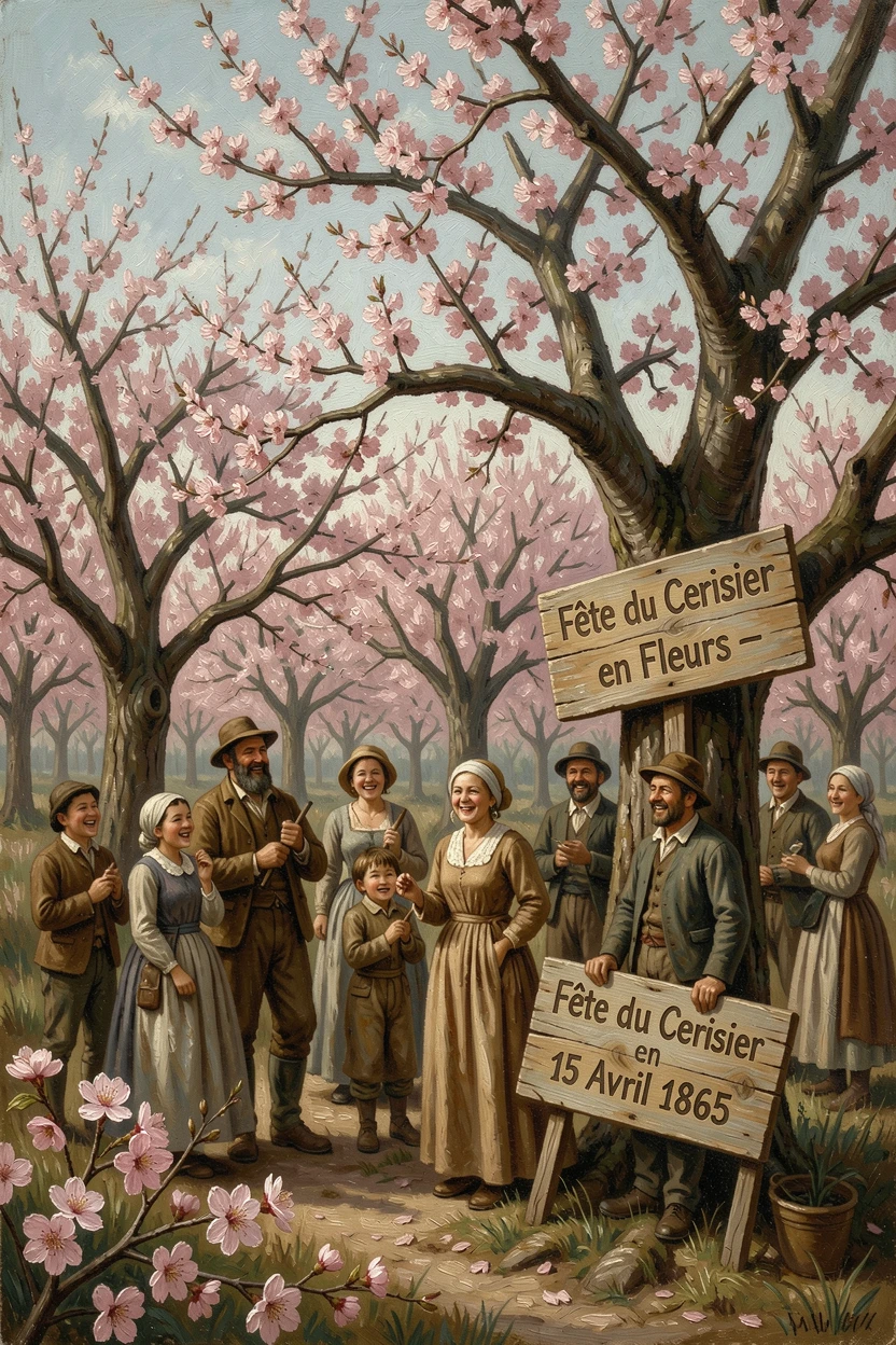 A blooming cherry orchard in full pink bloom under a soft spring sky, as joyful expressions capture the spirit of the celebration, designed to bring festive cheer to any home or gallery wall