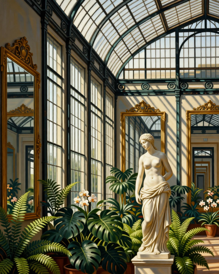 An elegant conservatory filled with exotic plants and wrought iron awaiting the arrival of guests soon to fill its halls, set within a private estate untouched by passing time, with tall mirrors reflecting endless corridors of light and shadow; a lone figure or object provides scale against the soaring architecture, suggesting both luxury and profound stillness.