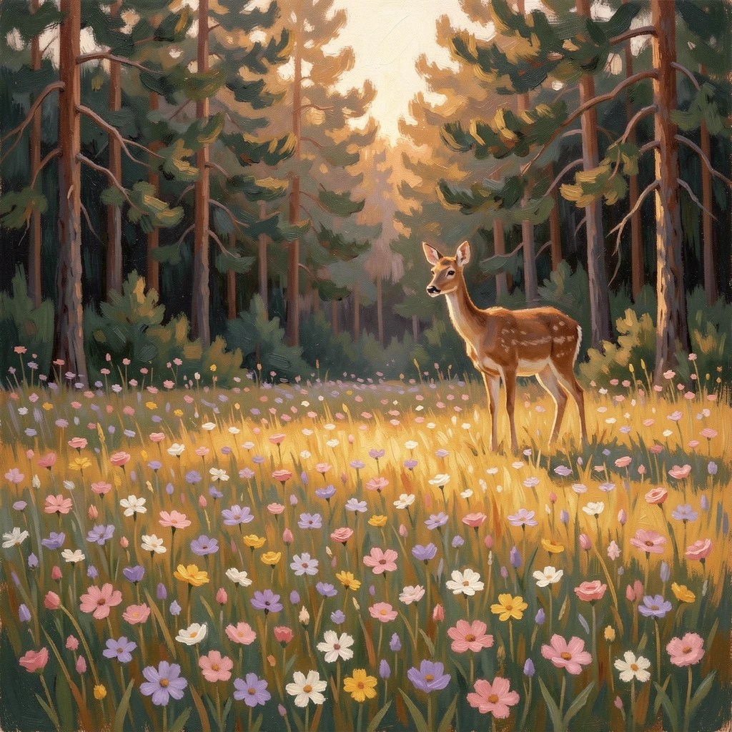 A wildflower meadow at the edge of a dark pine forest, a deer pausing at the treeline in the golden hour light, evoking timeless charm and quiet elegance.