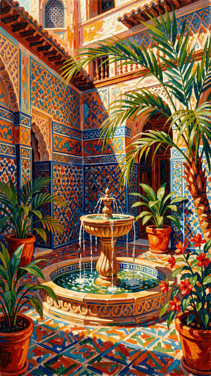 A colorful Moroccan riad courtyard with a central fountain and tiled mosaic walls.
