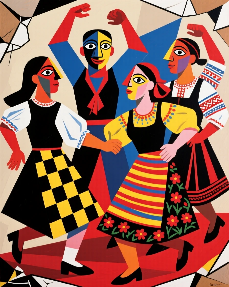 A group of dancers performing a traditional folk dance in colorful costumes.