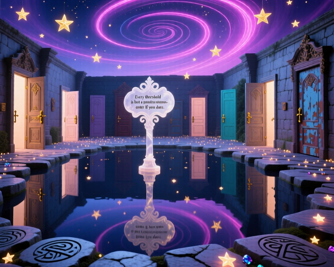 A courtyard where every door leads to another door hovers just above a mirror-still lake, and stars seem to nest between its stones.