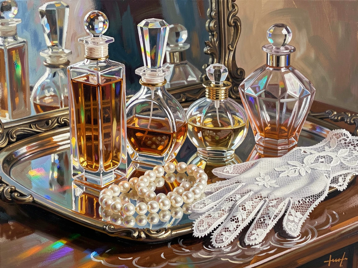 A collection of antique perfume bottles catches colored light on a mirrored vanity tray beside a strand of pearls and a lace glove, small ripples or movement in the foreground giving the otherwise still setting a sense of quiet life.