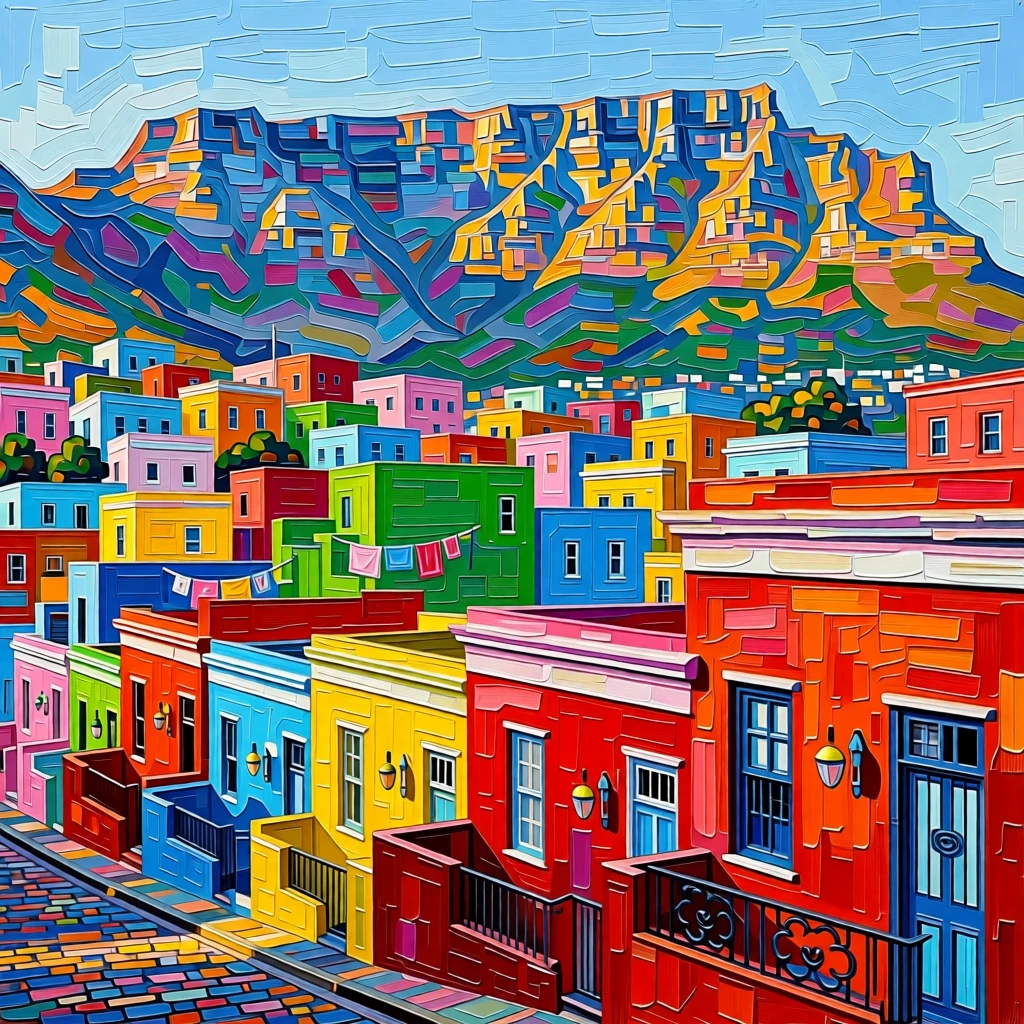 A view of Cape Town's colorful Bo-Kaap neighborhood beneath Table Mountain