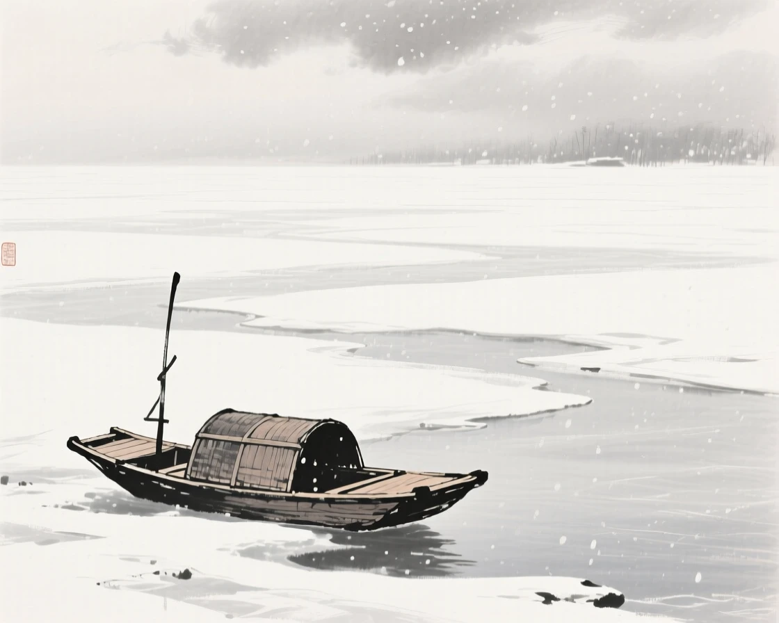 A small boat sits frozen in place at the edge of an ice-covered lake, beneath a pale winter sky heavy with more snow to come.