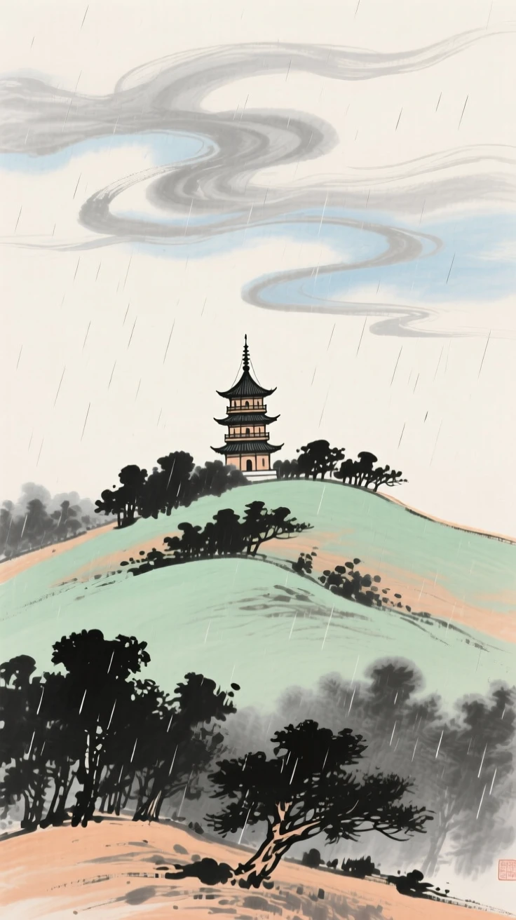 A pagoda rising above the tree line on a distant hill, under drifting clouds, evoking a sense of quiet solitude, in a gentle drizzle.