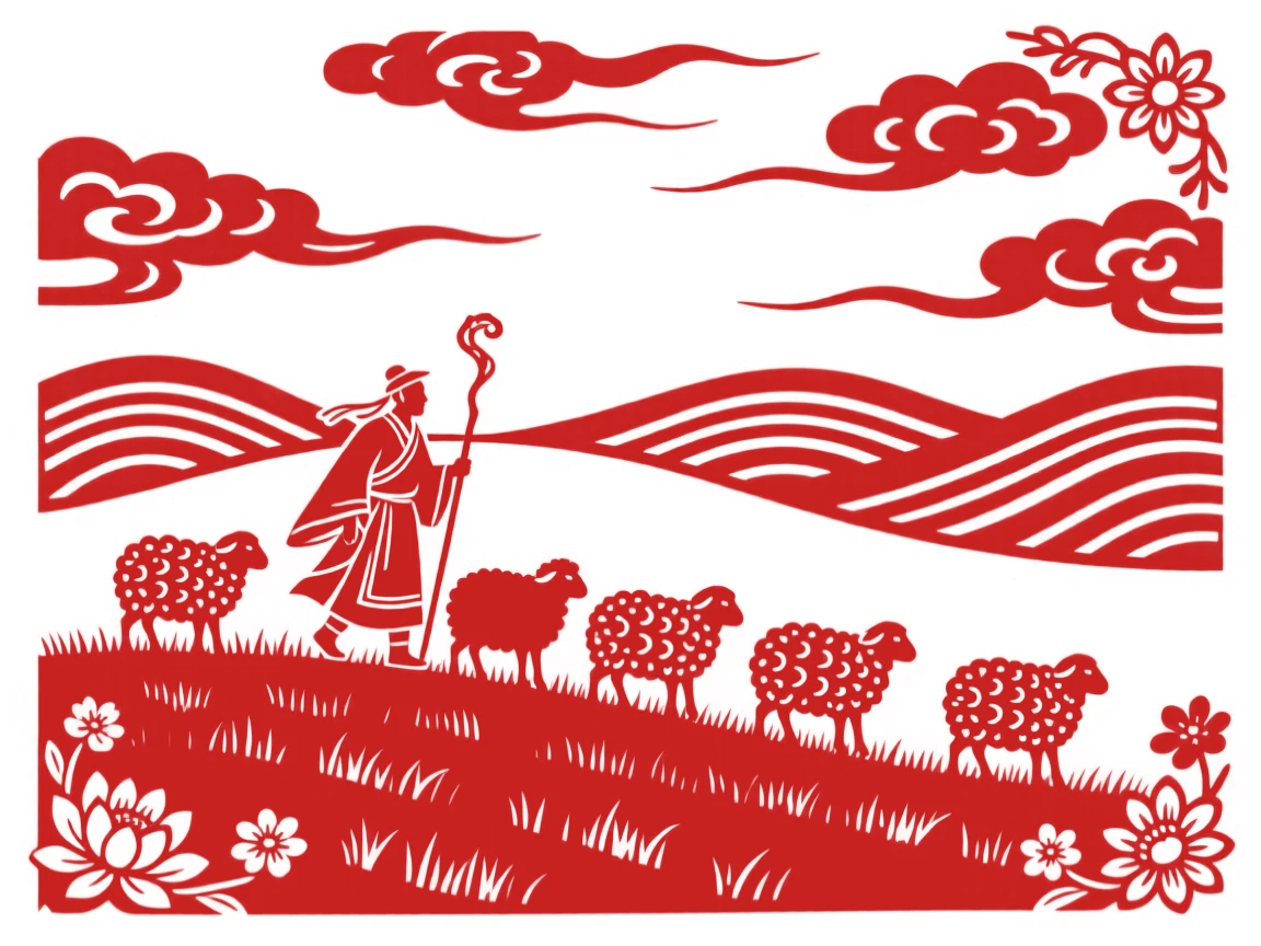 Rolling grassland hills under a wide sky filled with drifting clouds, a shepherd guiding a flock of sheep along the ridge