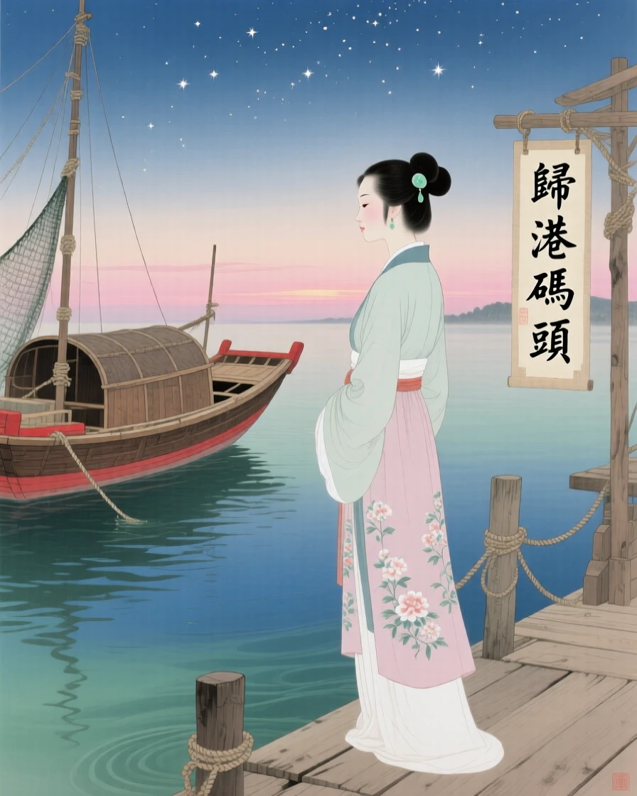 A wife waiting at a dock for her husband's fishing boat to return home, under a sky filled with the first stars of evening