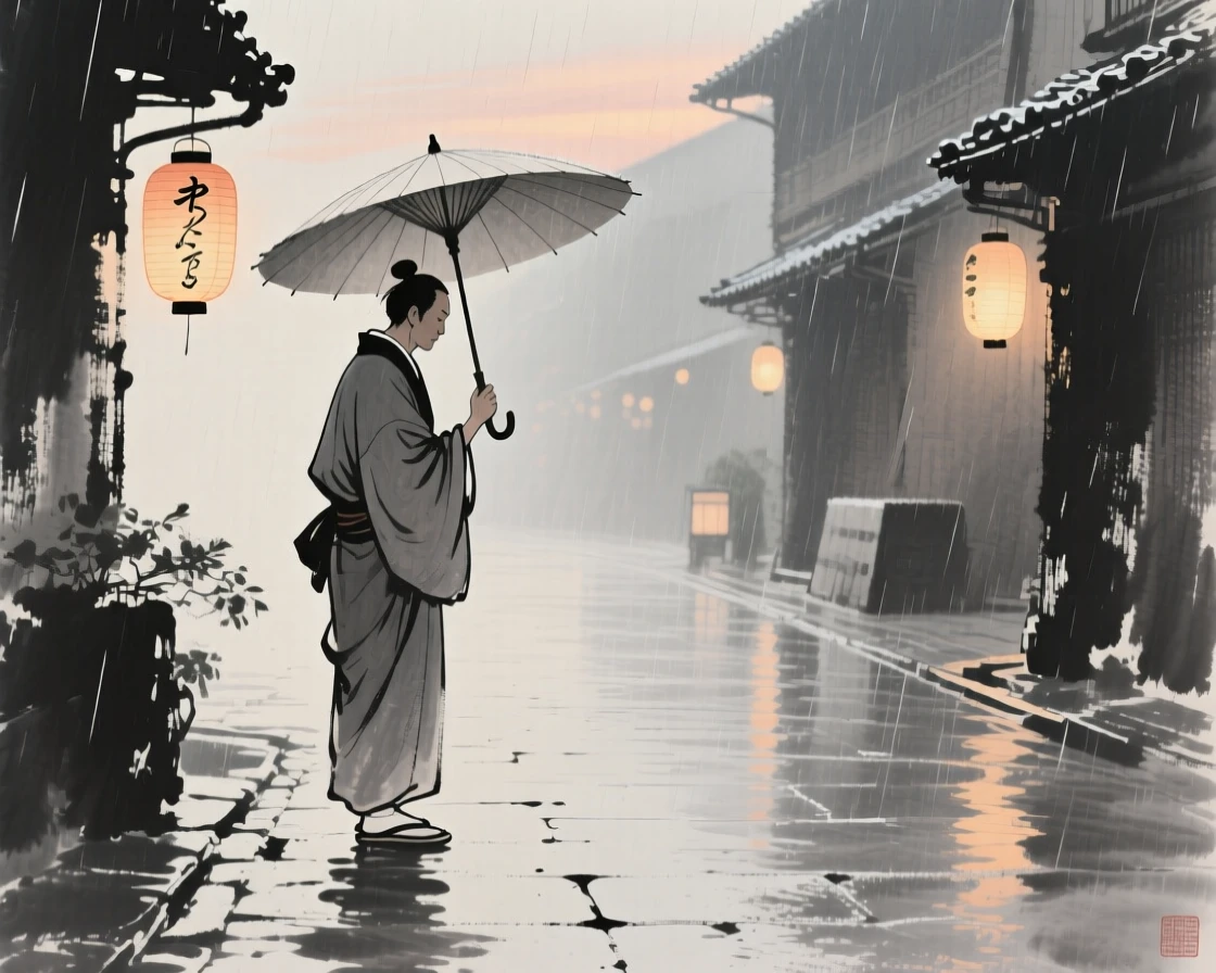 A calligrapher sheltering from rain beneath a broad umbrella along a lantern-lit street at dusk, composed with soft light falling across the scene, suggesting harmony between people and their surroundings.