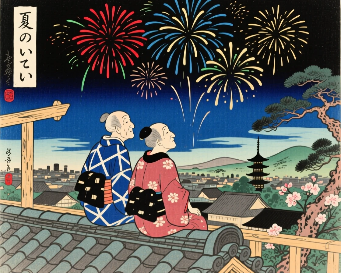 Old friends watching fireworks together from a rooftop.