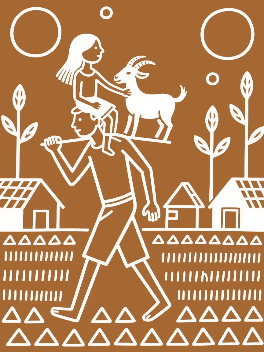 A girl and her pet goat riding on a father's shoulders through the village.