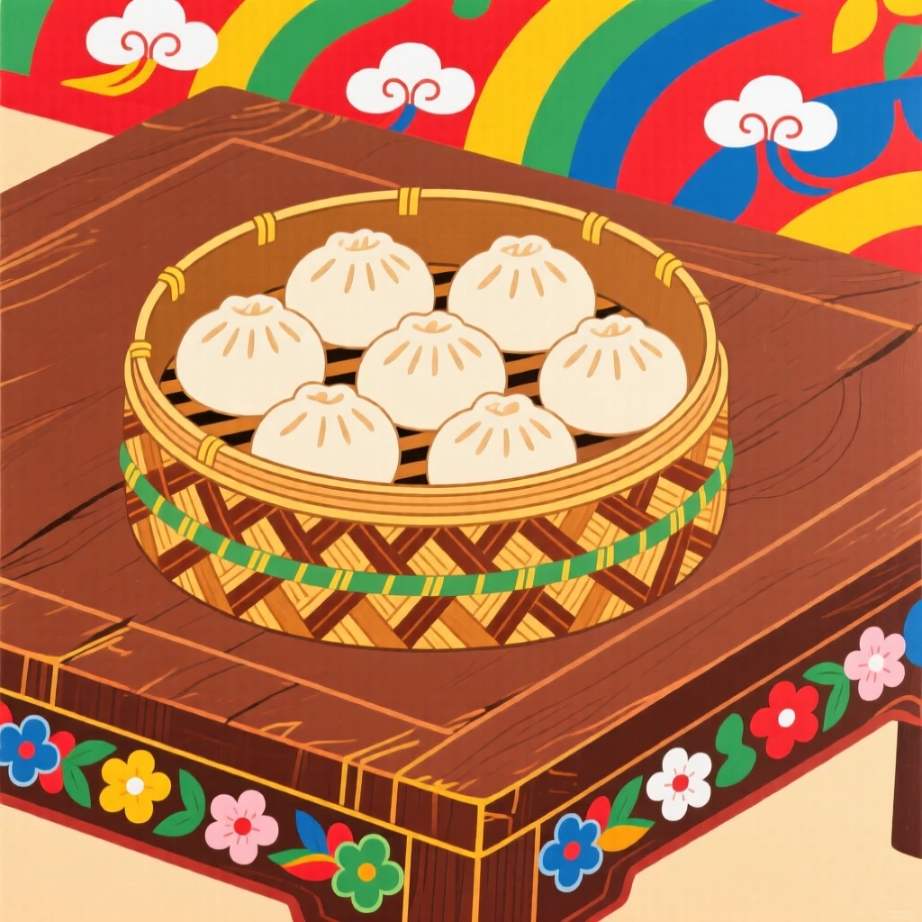 A bamboo steamer basket filled with dumplings on a wooden table.