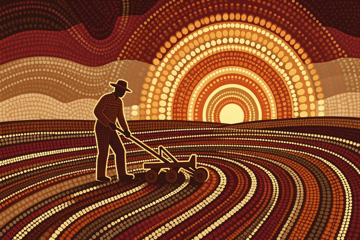 A farmer plowing a field at sunrise