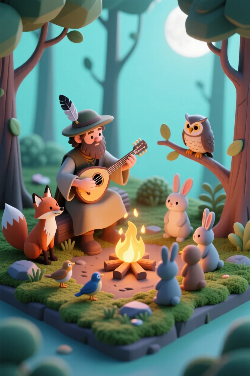 A wandering bard playing music for woodland creatures gathered around a campfire in an enchanted forest.