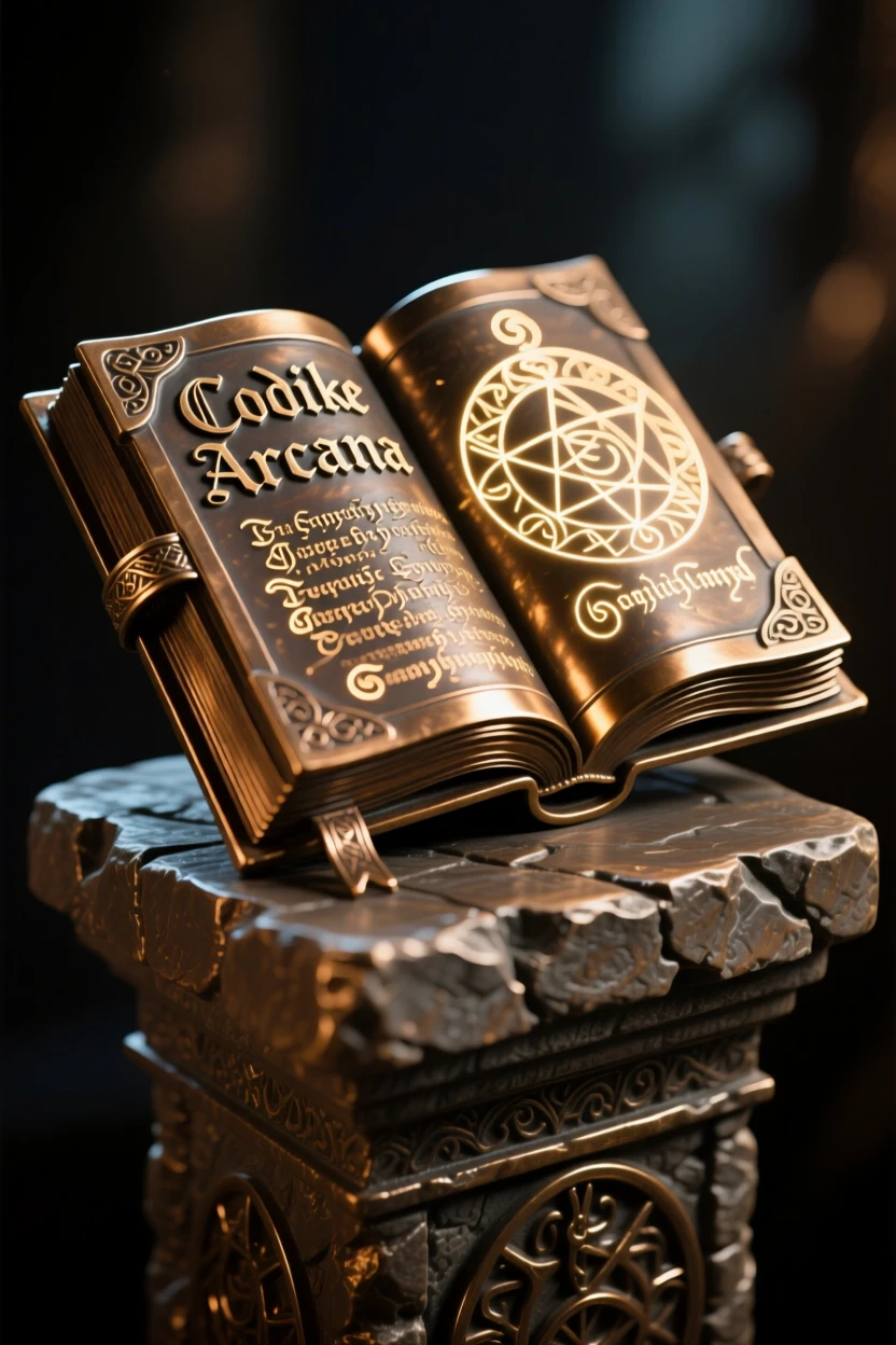 An ancient spellbook glowing with living script, glowing with magical, luminous light, transporting the viewer to another world