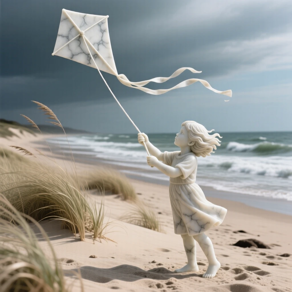 A vivid, emotionally rich scene of a kite flying high above a windswept beach, framed by dramatic natural scenery, designed to captivate and inspire