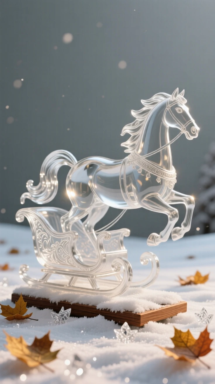 A horse-drawn sleigh gliding across a snow-covered field as autumn leaves drift slowly to the ground, while the scent of fresh baking fills the air